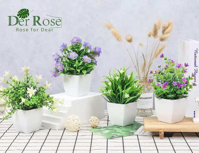 Alt view image 3 of 7 - 4 Pack Small Fake Plants with Flowers, Spring Home Bathroom Decor | UV-resistant artificial flowers, varied spring flower styles, for desk shelf bathroom kitchen farmhouse and classroom decor