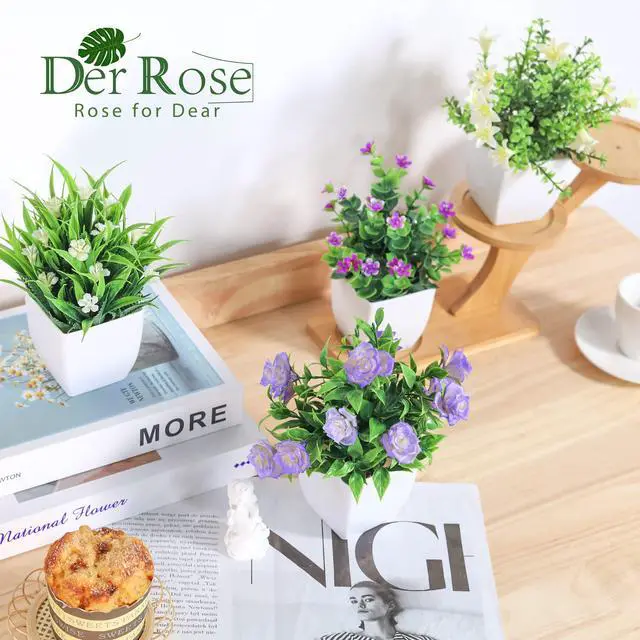 Alt view image 5 of 7 - 4 Pack Small Fake Plants with Flowers, Spring Home Bathroom Decor | UV-resistant artificial flowers, varied spring flower styles, for desk shelf bathroom kitchen farmhouse and classroom decor
