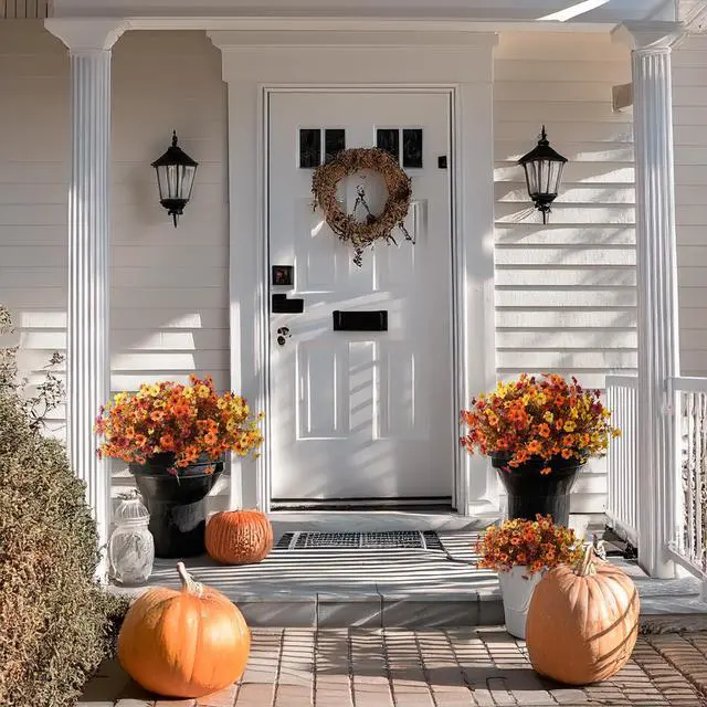 Alt view image 3 of 7 - Artificial Fake Fall Plants Flowers for Outdoor Outside Decoration | 12 Bundles Faux Silk Colorful Daisy UV Resistant Look Real No Fade for Front Door Porch Patio Yard Balcony Autumn Decor
