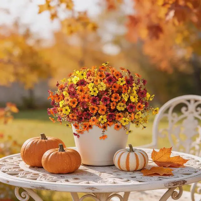 Alt view image 6 of 7 - Artificial Fake Fall Plants Flowers for Outdoor Outside Decoration | 12 Bundles Faux Silk Colorful Daisy UV Resistant Look Real No Fade for Front Door Porch Patio Yard Balcony Autumn Decor