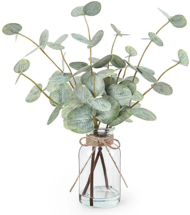 Main image of Artificial Eucalyptus Stems in Glass Vase with Faux Water, 13.5" Fake Plants for Home Decor, Coffee Table Centerpieces, Office, Bathroom & Farmhouse Weddings - Faux Greenery Plants Decorations