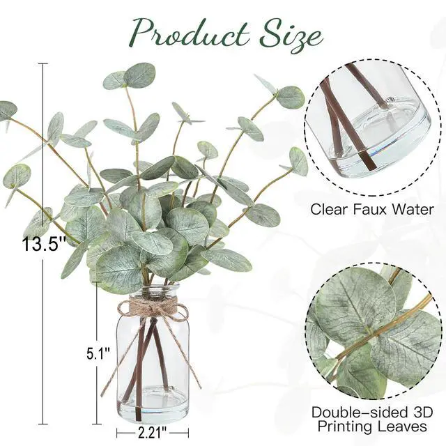 Alt view image 3 of 7 - Artificial Eucalyptus Stems in Glass Vase with Faux Water, 13.5" Fake Plants for Home Decor, Coffee Table Centerpieces, Office, Bathroom & Farmhouse Weddings - Faux Greenery Plants Decorations