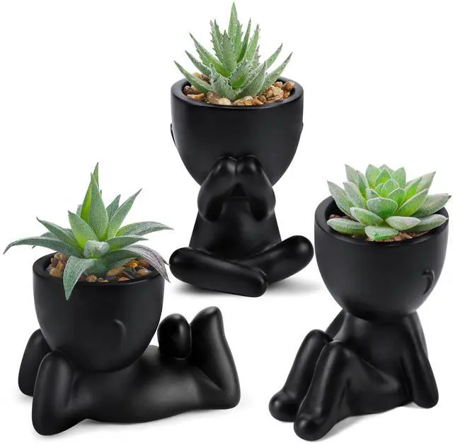 Main image of 3 Pack Fake Plants in Black Pots for Bathroom Living Room Decor | Unique black human-shaped potcute fake succulents plantsperfect for black desk shelf bedroom halloween decorfresh all year