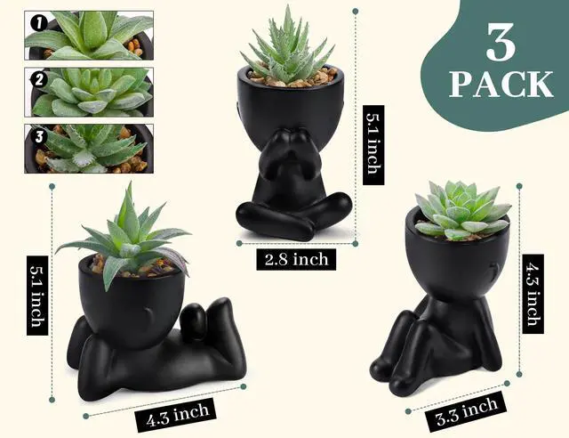 Alt view image 2 of 6 - 3 Pack Fake Plants in Black Pots for Bathroom Living Room Decor | Unique black human-shaped potcute fake succulents plantsperfect for black desk shelf bedroom halloween decorfresh all year
