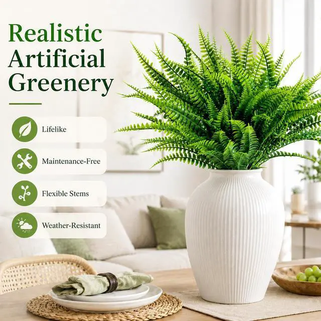 Alt view image 5 of 7 - 10PCS Fake Fern for Outdoor - Artificial Boston Fern Stems Decor | Realistic Fake Greenery for Large Planters, Vase, Porch, Patio, Garden Decor, Faux Plants for Indoor, Outdoor Home Decoration