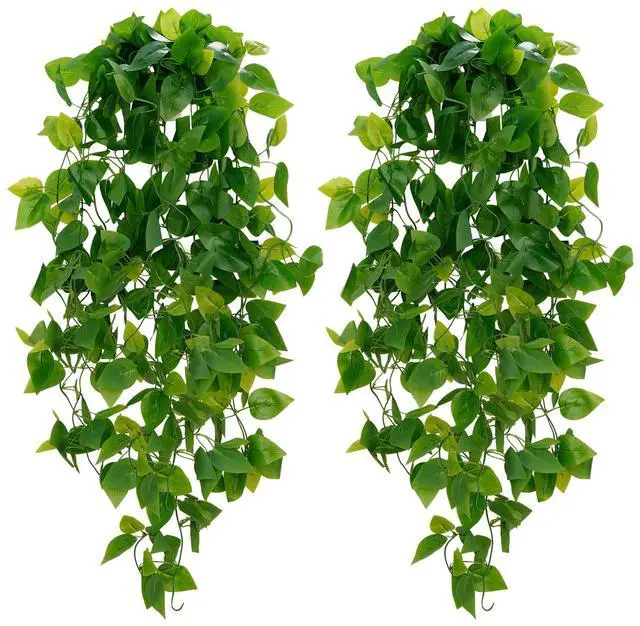 Main image of Fake Hanging Plants, 2pcs Artificial Pothos Vines Faux Plants Greenery for Wall Home Living Room Office Indoor Outdoor Decor (No Baskets)
