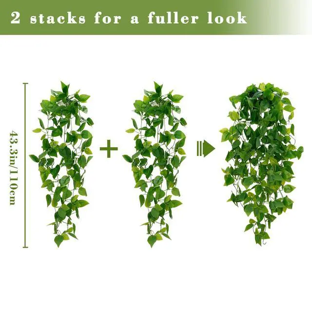 Alt view image 2 of 7 - Fake Hanging Plants, 2pcs Artificial Pothos Vines Faux Plants Greenery for Wall Home Living Room Office Indoor Outdoor Decor (No Baskets)
