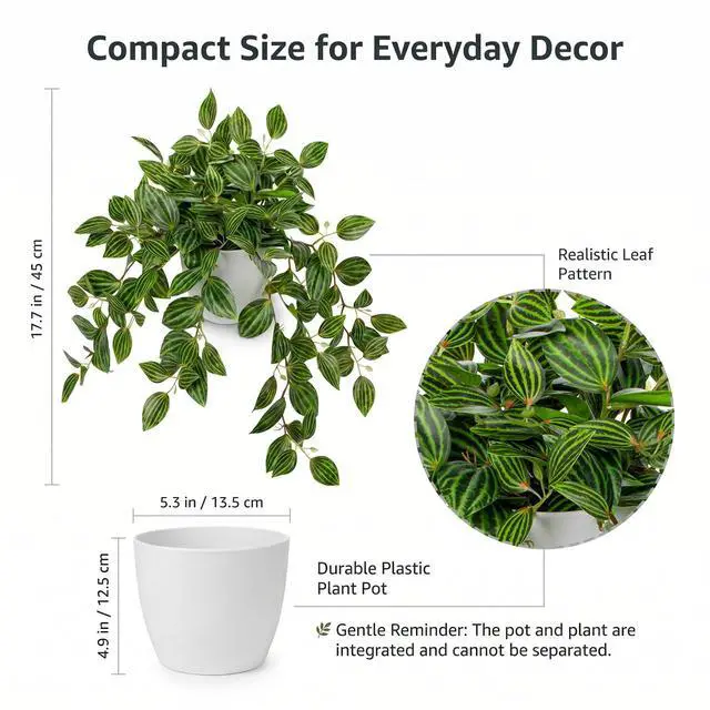 Alt view image 2 of 6 - Artificial Potted Plant Indoor, 17.7" Faux Watermelon Peperomia Trailing Plant in White Plastic Pot Realistic Fake Cascading Greenery for Shelf Bathroom Office Desk Tabletop Home Decor