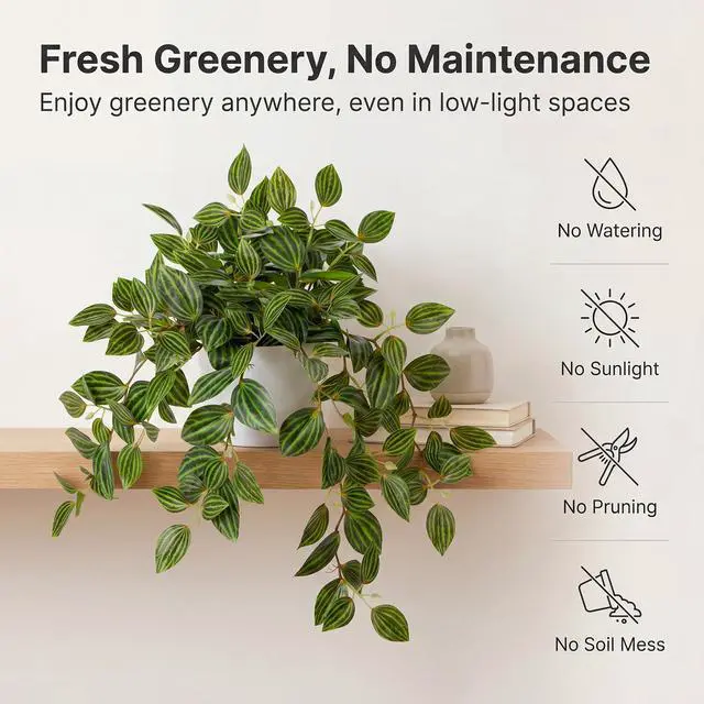 Alt view image 3 of 6 - Artificial Potted Plant Indoor, 17.7" Faux Watermelon Peperomia Trailing Plant in White Plastic Pot Realistic Fake Cascading Greenery for Shelf Bathroom Office Desk Tabletop Home Decor