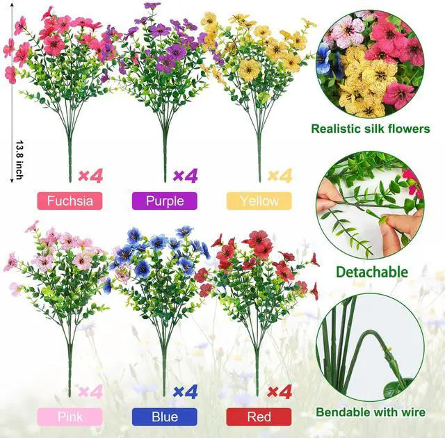 Alt view image 2 of 6 - 24 Pcs Artificial Flowers for Outdoors Decorations, Multicolor | Colorful lifelike flowers, UV resistant, faux plastic plants, for garden porch window table vase home indoor outdoor decor