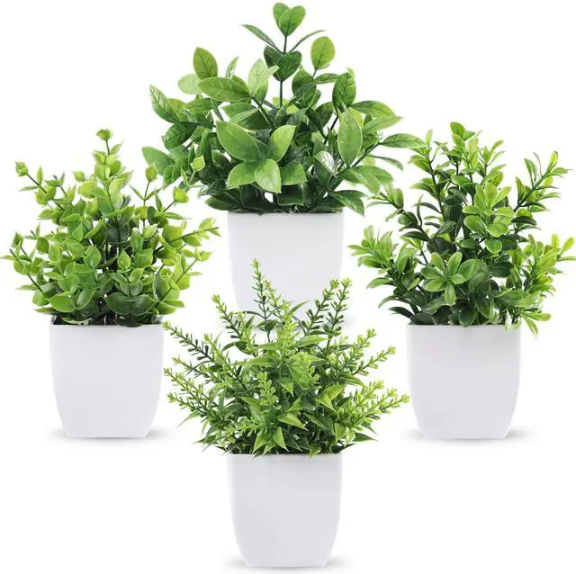 Main image of 4 Pack Fake Plants, Greenery Potted Plants for Home Decor Indoor | Unique artificial plants, no-care potted greenery, for desk table windowsill bathroom office farmhouse and classroom decor
