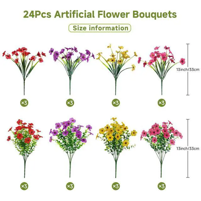 Alt view image 2 of 7 - 24 Bundles Artificial Daisy Flowers UV Resistant for Outdoor Decor | Silk & Plastic, Spring Faux Plants Greenery, Bendable Stems, for Porch Patio Hanging Window Planter Yard Outside, 4 Colors