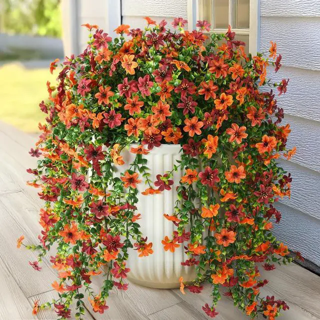 Main image of Artificial Fall Fake Flowers for Outdoor Fall Decoration | 2 Pcs Faux Hanging Flowers,UV Resistant Look Real Faux Mums Silk Flower for Outside Home Porch Patio Yard Balcony Planter
