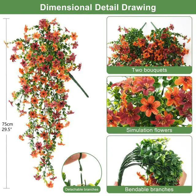 Alt view image 2 of 7 - Artificial Fall Fake Flowers for Outdoor Fall Decoration | 2 Pcs Faux Hanging Flowers,UV Resistant Look Real Faux Mums Silk Flower for Outside Home Porch Patio Yard Balcony Planter