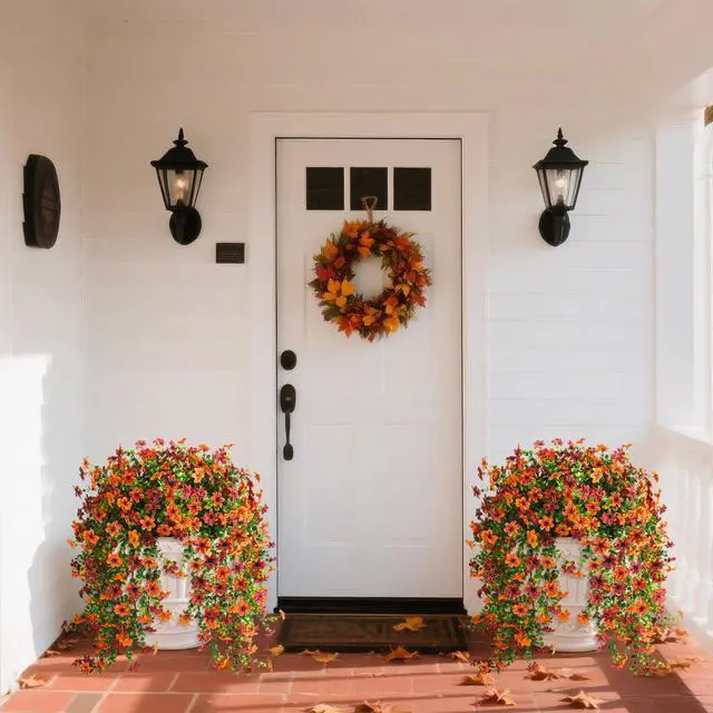 Alt view image 3 of 7 - Artificial Fall Fake Flowers for Outdoor Fall Decoration | 2 Pcs Faux Hanging Flowers,UV Resistant Look Real Faux Mums Silk Flower for Outside Home Porch Patio Yard Balcony Planter