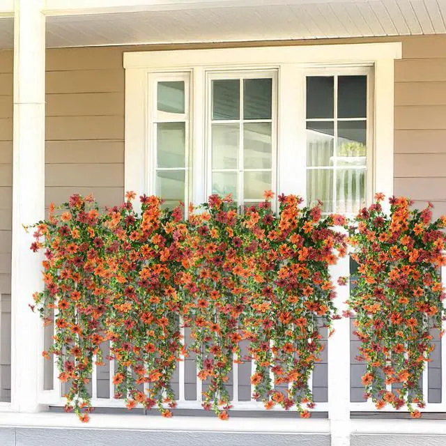 Alt view image 4 of 7 - Artificial Fall Fake Flowers for Outdoor Fall Decoration | 2 Pcs Faux Hanging Flowers,UV Resistant Look Real Faux Mums Silk Flower for Outside Home Porch Patio Yard Balcony Planter