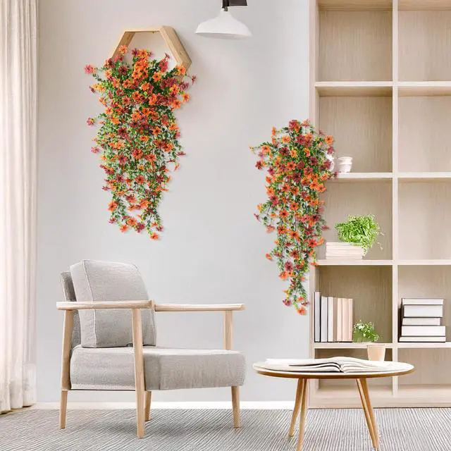 Alt view image 6 of 7 - Artificial Fall Fake Flowers for Outdoor Fall Decoration | 2 Pcs Faux Hanging Flowers,UV Resistant Look Real Faux Mums Silk Flower for Outside Home Porch Patio Yard Balcony Planter