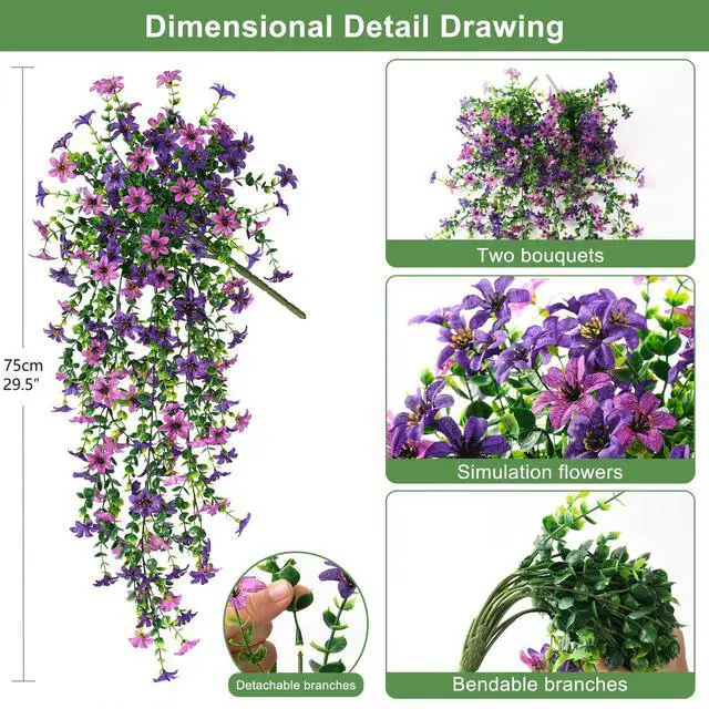Alt view image 2 of 6 - Artificial Fake Hanging Flowers Plants for Outdoor Summer Decoration | 2 PCS Faux Silk Daisy with Eucalyptus Leaves,UV Resistant Look Real for Outside Home Planter Porch Patio Balcony Yard Decor