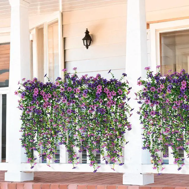 Alt view image 4 of 6 - Artificial Fake Hanging Flowers Plants for Outdoor Summer Decoration | 2 PCS Faux Silk Daisy with Eucalyptus Leaves,UV Resistant Look Real for Outside Home Planter Porch Patio Balcony Yard Decor