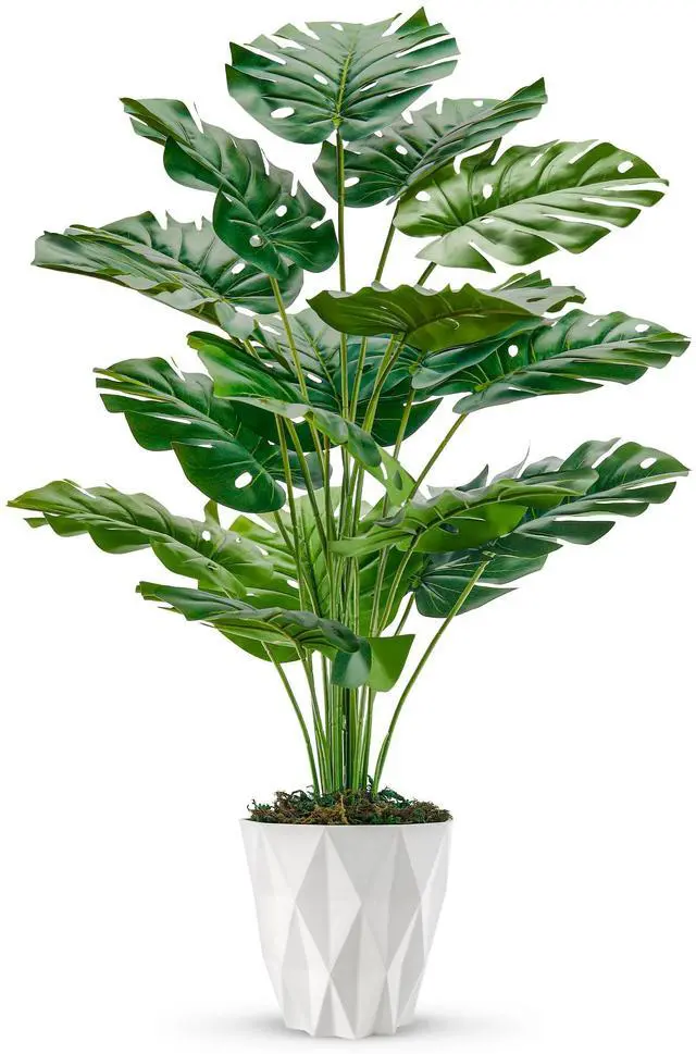 Main image of 28" Tall Fake Plants, Monstera Plant in White Pot for Office Decor | Artificial plants indoor pair natural-looking tropical foliage with a geometric planter for bedroom, entryway and house decor