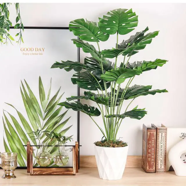 Alt view image 2 of 7 - 28" Tall Fake Plants, Monstera Plant in White Pot for Office Decor | Artificial plants indoor pair natural-looking tropical foliage with a geometric planter for bedroom, entryway and house decor