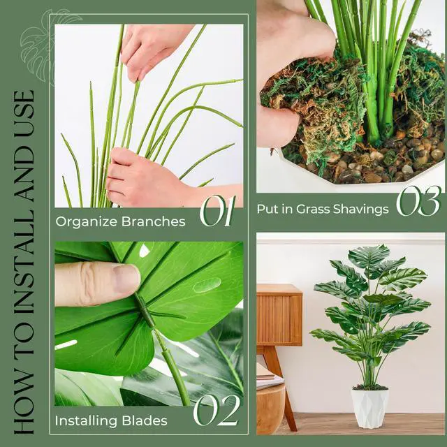 Alt view image 3 of 7 - 28" Tall Fake Plants, Monstera Plant in White Pot for Office Decor | Artificial plants indoor pair natural-looking tropical foliage with a geometric planter for bedroom, entryway and house decor