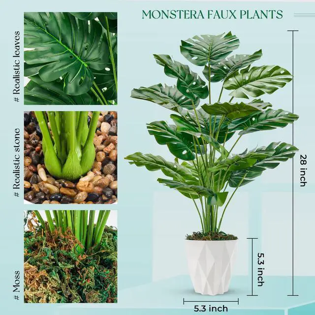 Alt view image 4 of 7 - 28" Tall Fake Plants, Monstera Plant in White Pot for Office Decor | Artificial plants indoor pair natural-looking tropical foliage with a geometric planter for bedroom, entryway and house decor
