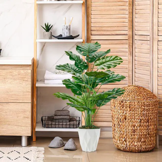 Alt view image 5 of 7 - 28" Tall Fake Plants, Monstera Plant in White Pot for Office Decor | Artificial plants indoor pair natural-looking tropical foliage with a geometric planter for bedroom, entryway and house decor