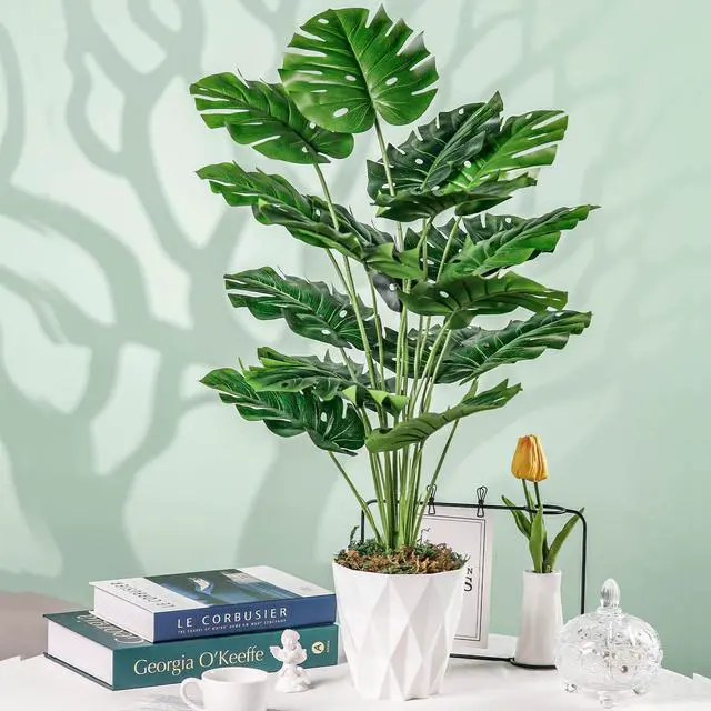 Alt view image 6 of 7 - 28" Tall Fake Plants, Monstera Plant in White Pot for Office Decor | Artificial plants indoor pair natural-looking tropical foliage with a geometric planter for bedroom, entryway and house decor