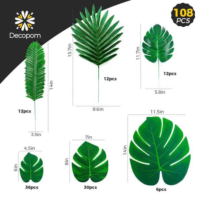 Alt view image 2 of 7 - 108 Pack Palm Leaves Artificial Tropical Monstera - 6 Kinds Large Small Green Fake Palm Leaf with Stems for Safari Jungle Hawaiian Luau Party Table Decoration Wedding Birthday Theme Party Decorations