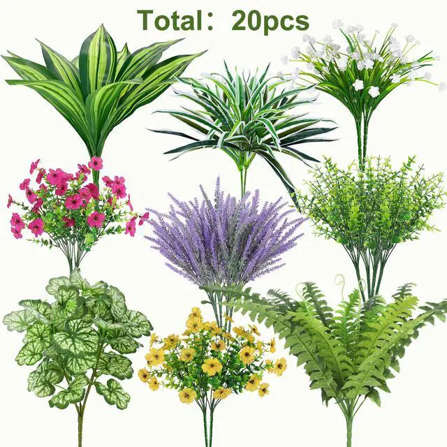 Alt view image 2 of 6 - 20 Pcs Artificial Plants Outdoor, Fake Greenery Stems Plants | UV resistant fake plants flowers, plastic greenery stems bushes, indoor outdoor home patio garden table decoration