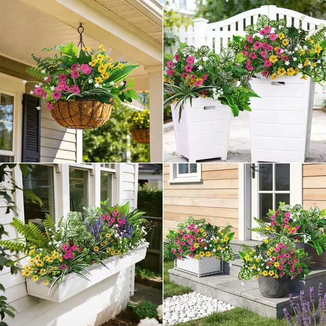 Alt view image 6 of 6 - 20 Pcs Artificial Plants Outdoor, Fake Greenery Stems Plants | UV resistant fake plants flowers, plastic greenery stems bushes, indoor outdoor home patio garden table decoration