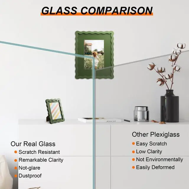 Alt view image 2 of 7 - 4x6 Picture Frame with Mat for 3.5x5, Wavy Edge Wooden Real Glass Photo Frame for Tabletop and Wall Hanging, Green, 1 Pack