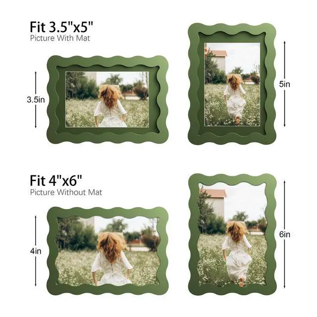Alt view image 4 of 7 - 4x6 Picture Frame with Mat for 3.5x5, Wavy Edge Wooden Real Glass Photo Frame for Tabletop and Wall Hanging, Green, 1 Pack