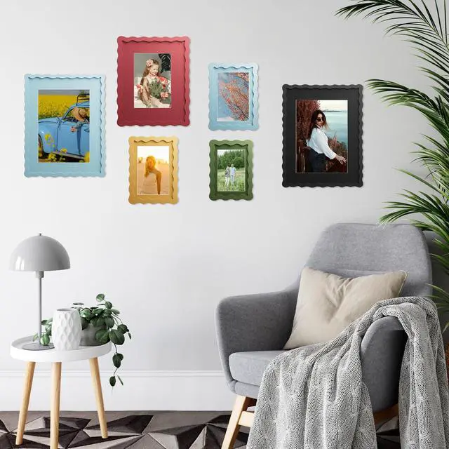 Alt view image 3 of 7 - 4x6 Picture Frame with Mat for 3.5x5, Wavy Edge Wooden Real Glass Photo Frame for Tabletop and Wall Hanging, Green, 1 Pack