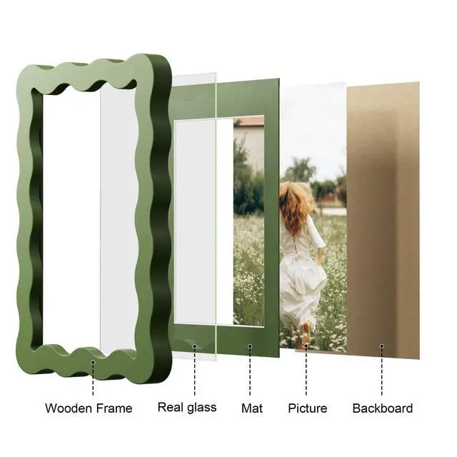 Alt view image 6 of 7 - 4x6 Picture Frame with Mat for 3.5x5, Wavy Edge Wooden Real Glass Photo Frame for Tabletop and Wall Hanging, Green, 1 Pack