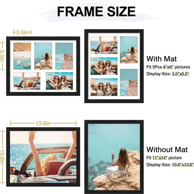 Alt view image 5 of 7 - 11x14 Collage Picture Frame for Wall Mounting, Black | Displays 5Pcs 4x6 Pictures with Mat or 1Pc 11x14 without Mat, Picture Frames Collage Wall Decor, 1 Pack