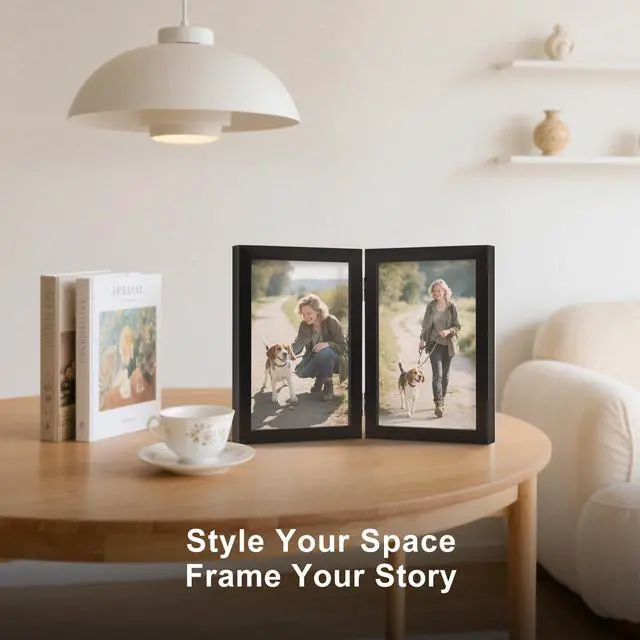 Alt view image 5 of 7 - 4x6 Double Picture Frame Black Wooden Hinged Photo Frame | Tabletop or Desktop Display Vertically, for Christmas Mother's Day Father's Day birthday
