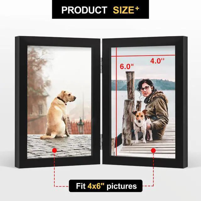 Alt view image 6 of 7 - 4x6 Double Picture Frame Black Wooden Hinged Photo Frame | Tabletop or Desktop Display Vertically, for Christmas Mother's Day Father's Day birthday