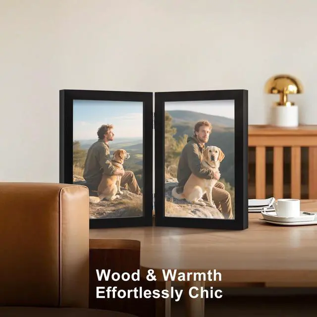 Alt view image 7 of 7 - 4x6 Double Picture Frame Black Wooden Hinged Photo Frame | Tabletop or Desktop Display Vertically, for Christmas Mother's Day Father's Day birthday