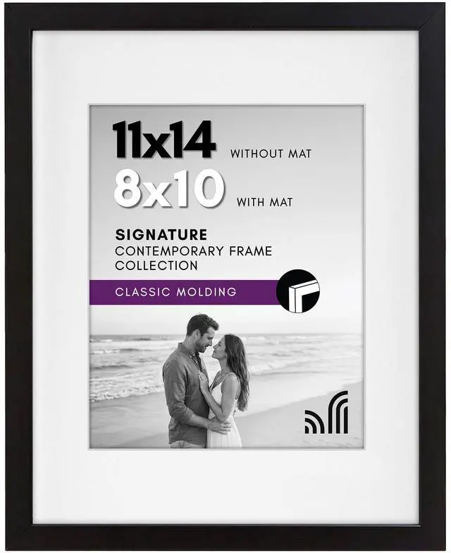 Main image of 11x14 Picture Frame with Shatter-Resistant Glass - Use as 8x10 Frame with Mat or Display 11x14 Photo Without Mat - Signature Collection - Picture Frames for Wall Display - Black | Shatter-resistant