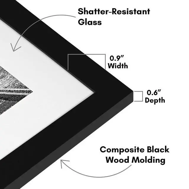 Alt view image 3 of 7 - 11x14 Picture Frame with Shatter-Resistant Glass - Use as 8x10 Frame with Mat or Display 11x14 Photo Without Mat - Signature Collection - Picture Frames for Wall Display - Black | Shatter-resistant