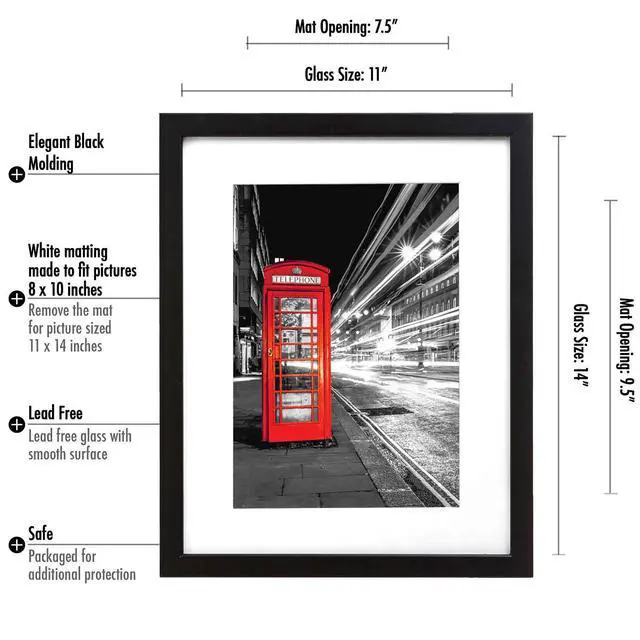 Alt view image 7 of 7 - 11x14 Picture Frame with Shatter-Resistant Glass - Use as 8x10 Frame with Mat or Display 11x14 Photo Without Mat - Signature Collection - Picture Frames for Wall Display - Black | Shatter-resistant