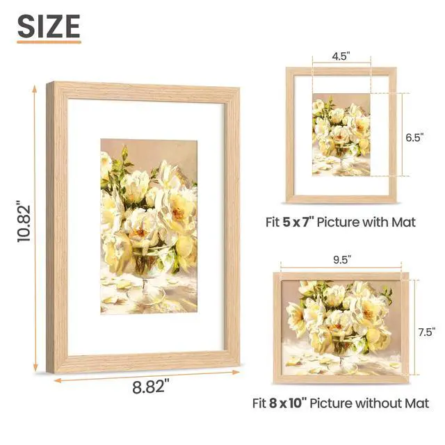 Alt view image 2 of 7 - 8x10 Picture Frame Solid Wooden, Nursery Decor, 1Pack Natural | 100% Solid Wood, Fit 5x7 with Mat and 8 x 10 Photo, Wall Decor or Tabletop Display, Safe For Nursery Kids Room
