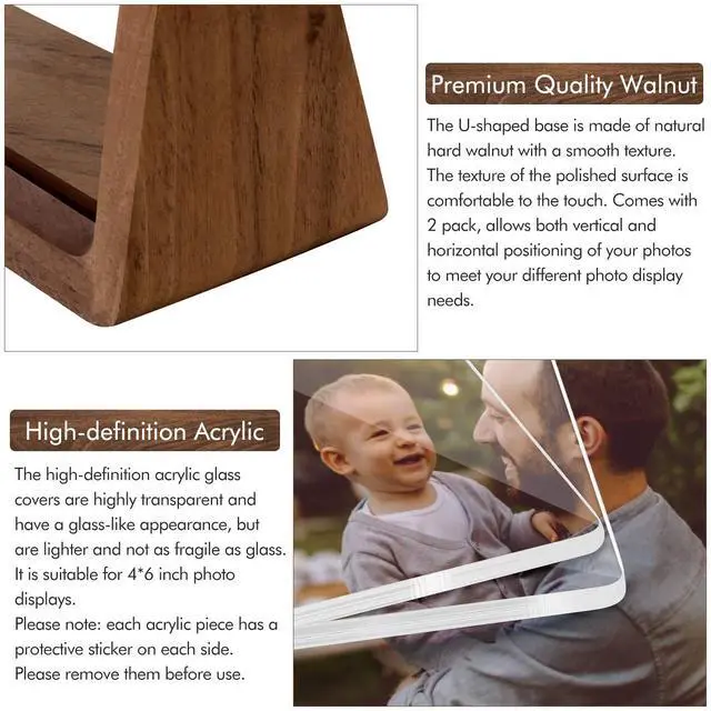 Alt view image 2 of 6 - Picture Frame 2 Pack - Rustic Wooden Picture Frames with Walnut Wood Base and High Definition Break Free Acrylic Photo Covers for Desk Tabletop Display Teacher Father Gifts (Horizontal + Vertical)