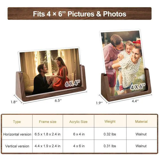 Alt view image 4 of 6 - Picture Frame 2 Pack - Rustic Wooden Picture Frames with Walnut Wood Base and High Definition Break Free Acrylic Photo Covers for Desk Tabletop Display Teacher Father Gifts (Horizontal + Vertical)