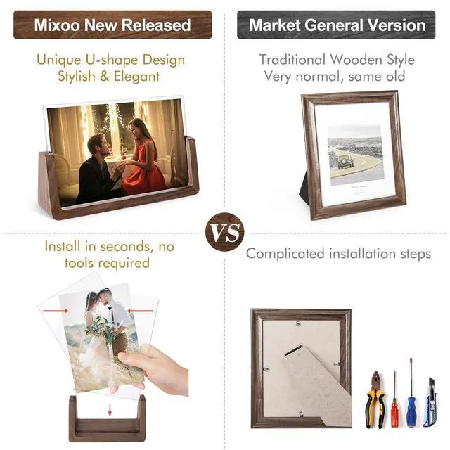 Alt view image 3 of 6 - Picture Frame 2 Pack - Rustic Wooden Picture Frames with Walnut Wood Base and High Definition Break Free Acrylic Photo Covers for Desk Tabletop Display Teacher Father Gifts (Horizontal + Vertical)