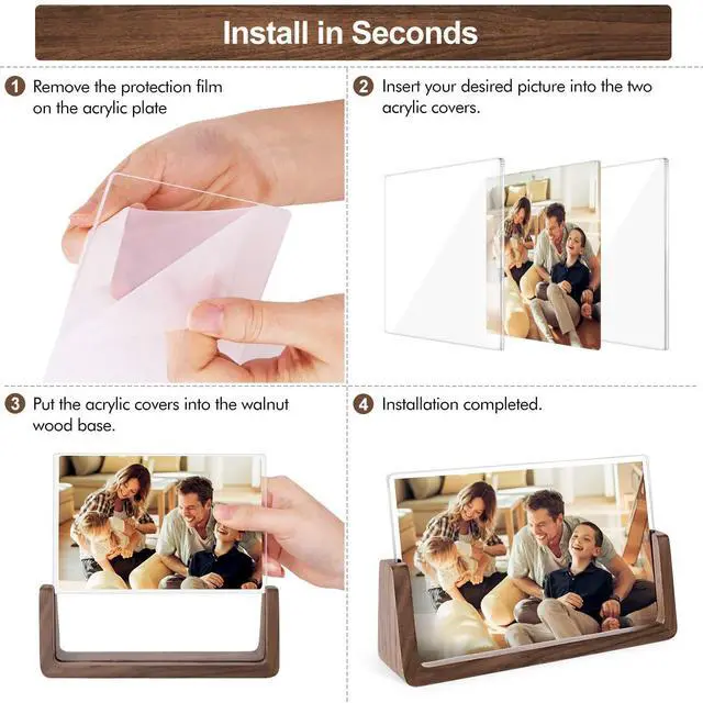 Alt view image 5 of 6 - Picture Frame 2 Pack - Rustic Wooden Picture Frames with Walnut Wood Base and High Definition Break Free Acrylic Photo Covers for Desk Tabletop Display Teacher Father Gifts (Horizontal + Vertical)