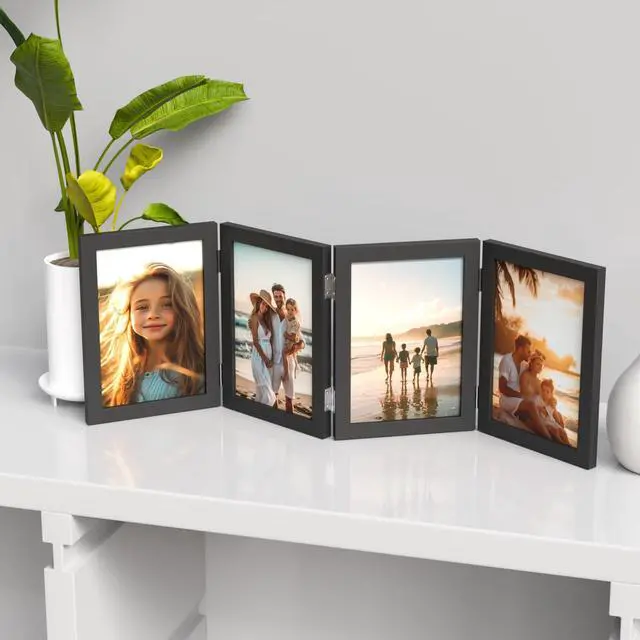 Alt view image 6 of 7 - 4 Picture Frame, 4x6 Four Folding Hinged Photo Frames, Rustic Wood Desk Family Photo Collage Stand Vertical on Tabletop for Birthday Family Lover Gift (Black)