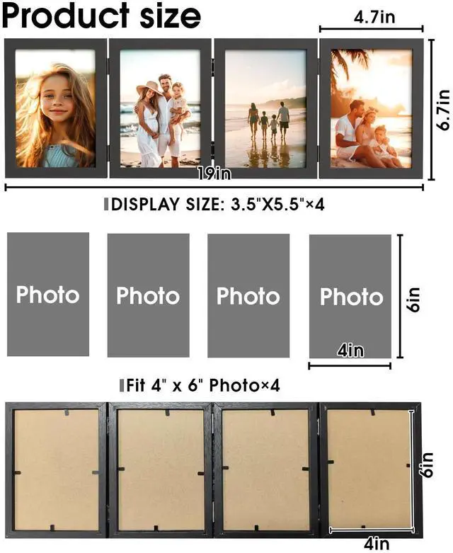 Alt view image 2 of 7 - 4 Picture Frame, 4x6 Four Folding Hinged Photo Frames, Rustic Wood Desk Family Photo Collage Stand Vertical on Tabletop for Birthday Family Lover Gift (Black)